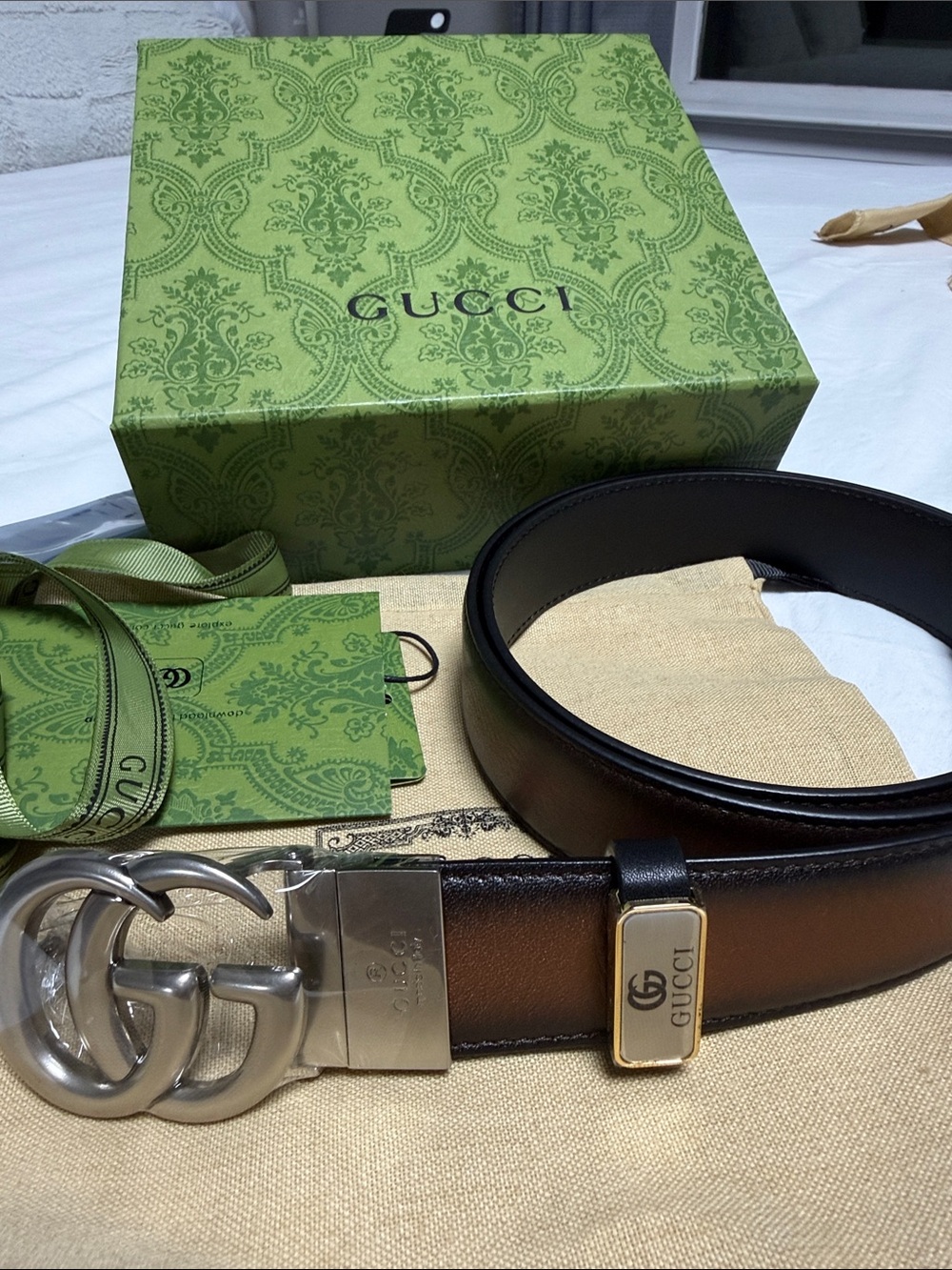 Brown Leather Belt with Silver Double G Buckle